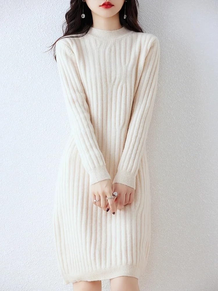 Autumn Winter Women's High Neck Sweater Pullover Dress Striped Cashmere Wool Knitwear Skirts