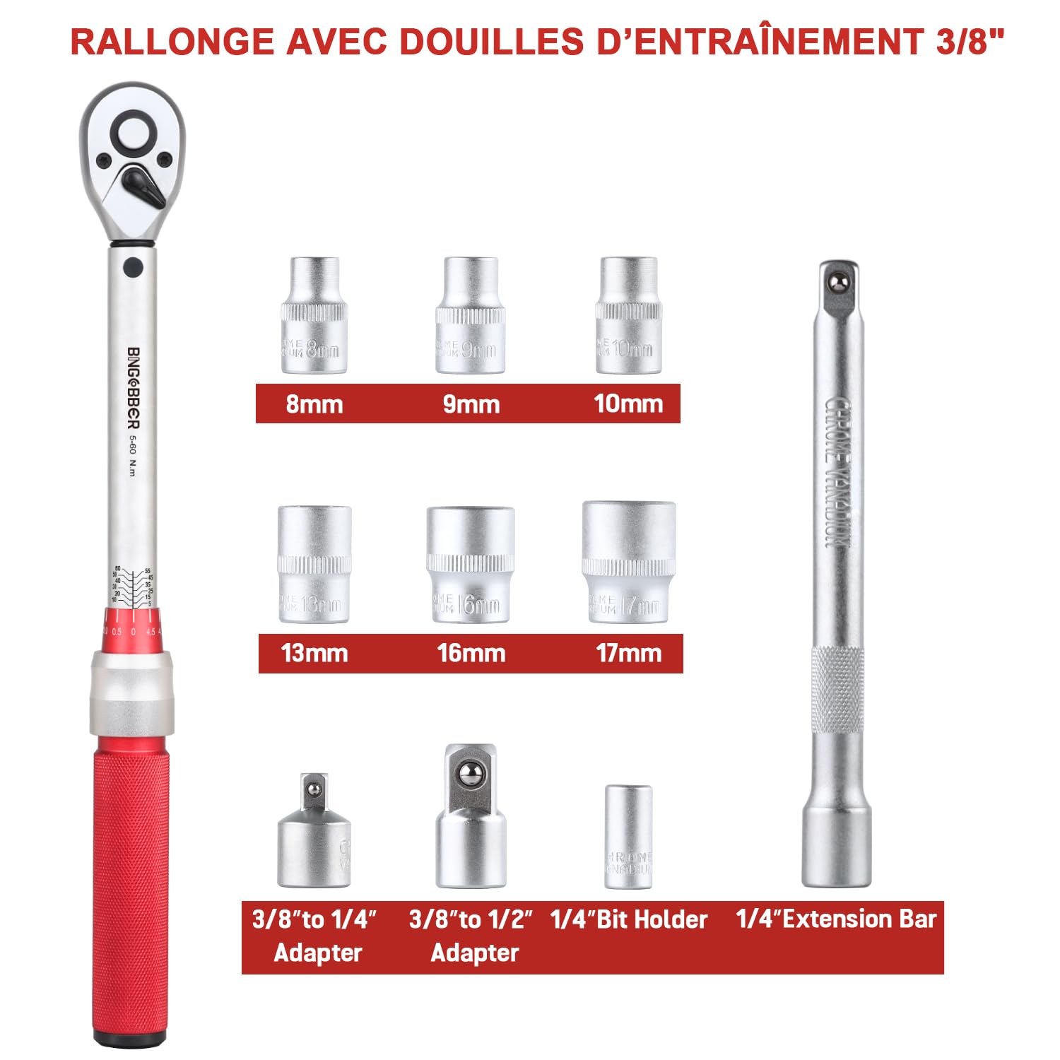 Jeu de clés dynamométriques 3/8" 5-60 Nm 28PCS Outil de précision