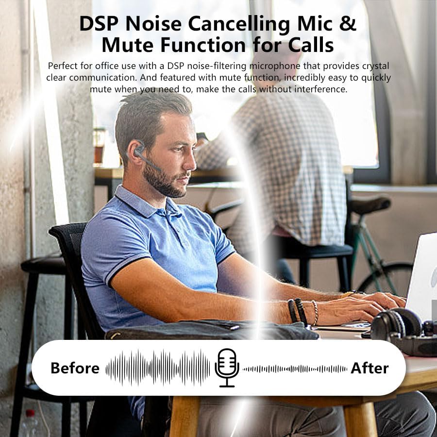 Man using iDIGMALL A2 headphones with a visual representation of noise cancellation