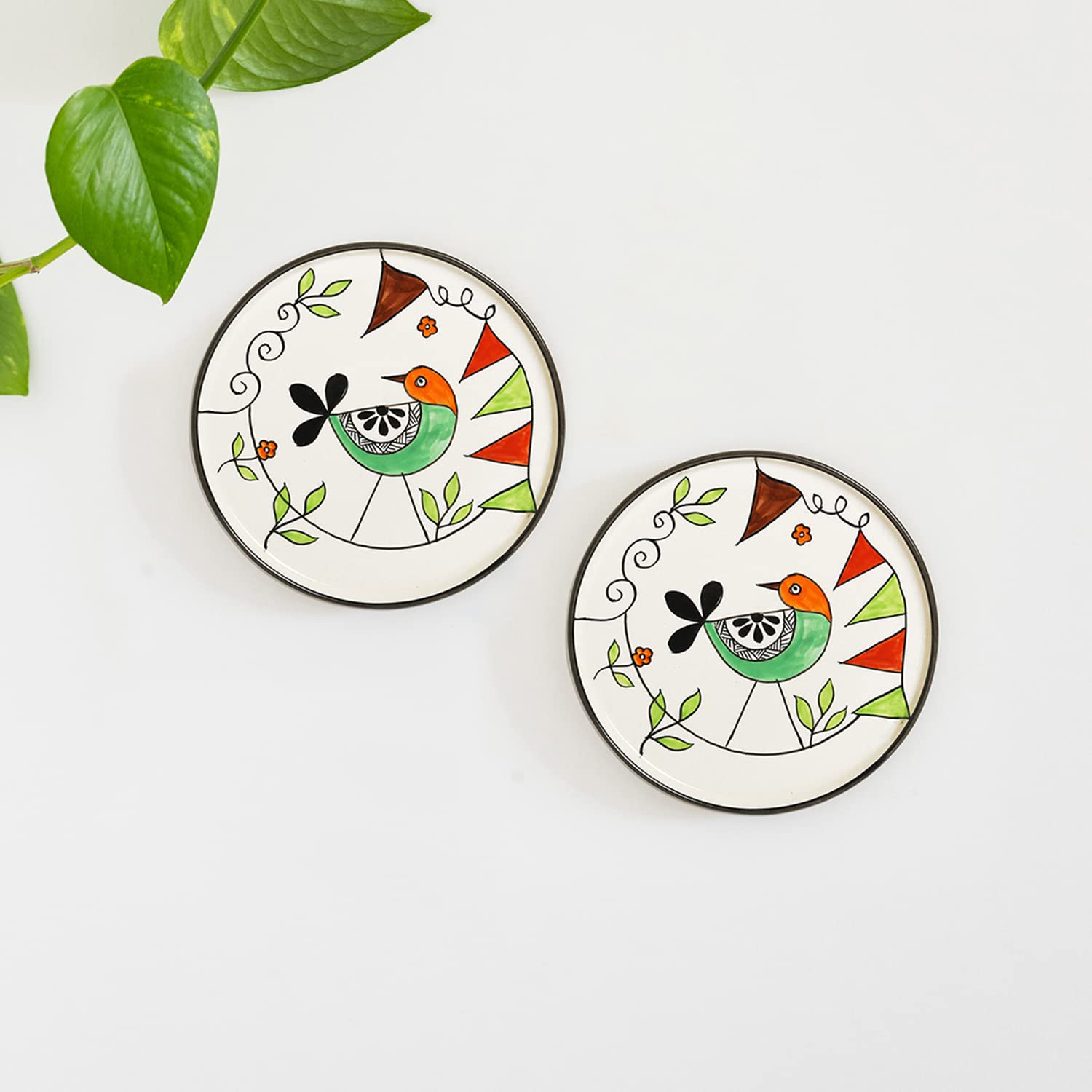 ExclusiveLane 'Panchhi' Ceramic Decorative Wall Plates Decor Hanging For Living Room Home Decoration Items (8 Inch, Set of 2, Handpainted)