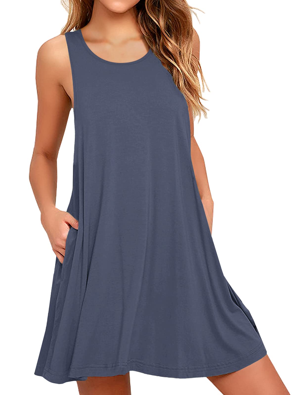 Actcat Strandkleid Damen Sommer Ärmellos Rundhals Leicht Luftig Casual Kleid mit Taschen Lässiges T-Shirt-Kleid