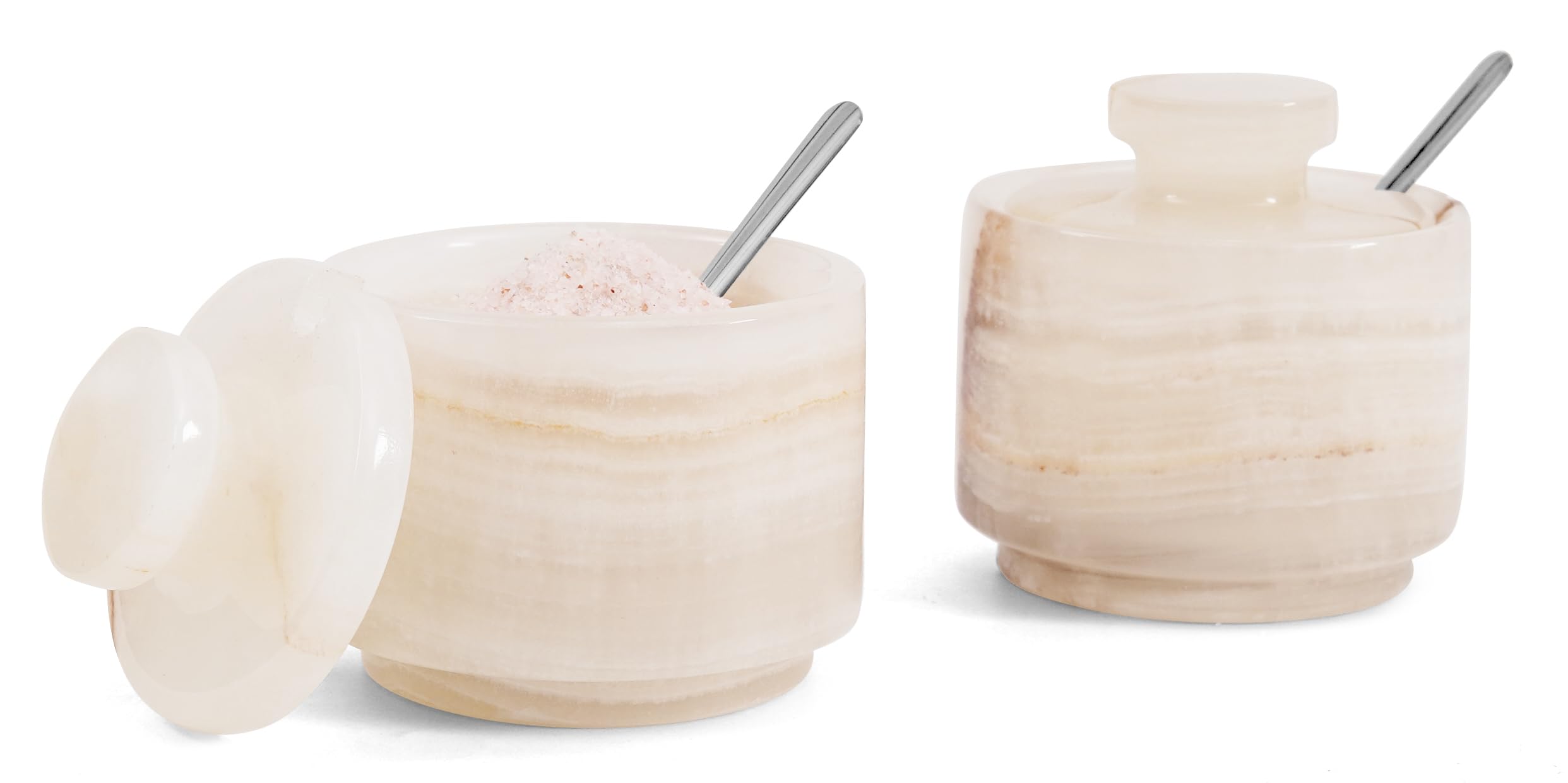 Salt Cellar with Lid and Spoon 3" Inch White Onyx Salt and Pepper Dish, Marble Sugar and Salt Bowls, Ideal for Easter Table Decor and Kitchen Countertop Storage