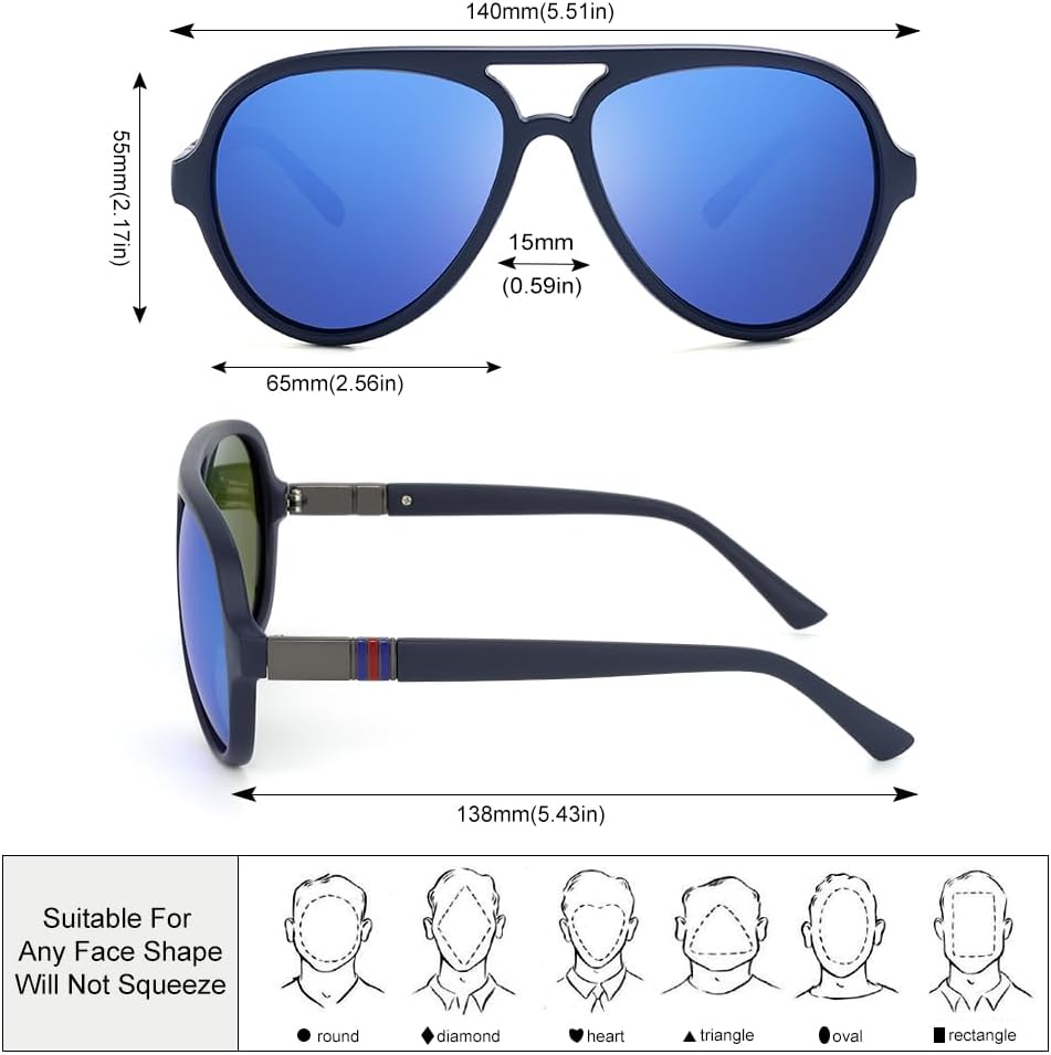 Aviator Sunglasses For Men Polarized Lens Plastic Lightweight Double Bridge Frame UV Protection For Driving Blue Frame/Blue Revo Lens - Image 2