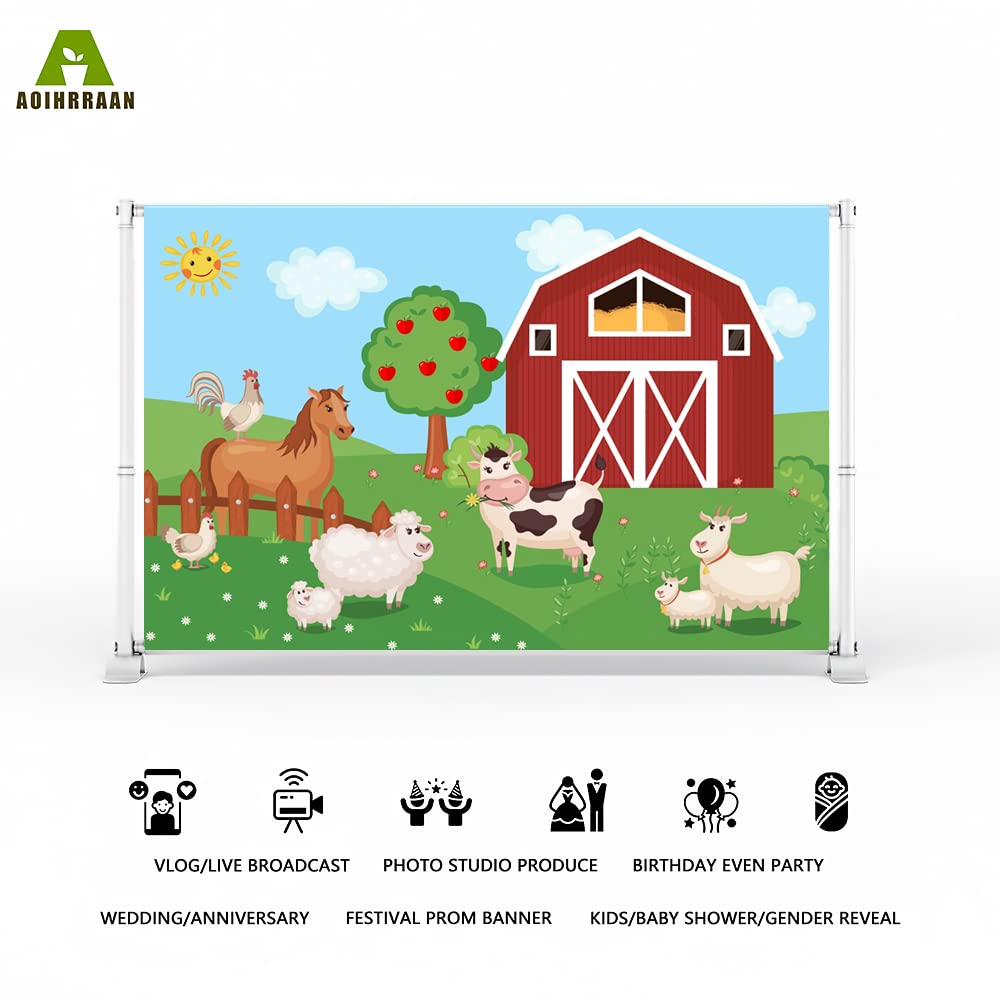 Aoihrraan 3x2m Cartone Animato Fattoria Animali Sfondo Magazzino Raccolta Autunnale Fienile Rosso Azienda Agricola Fondali Fotografia Aia Neonato Baby Doccia Piccolo Contadino Compleanno Festafoto