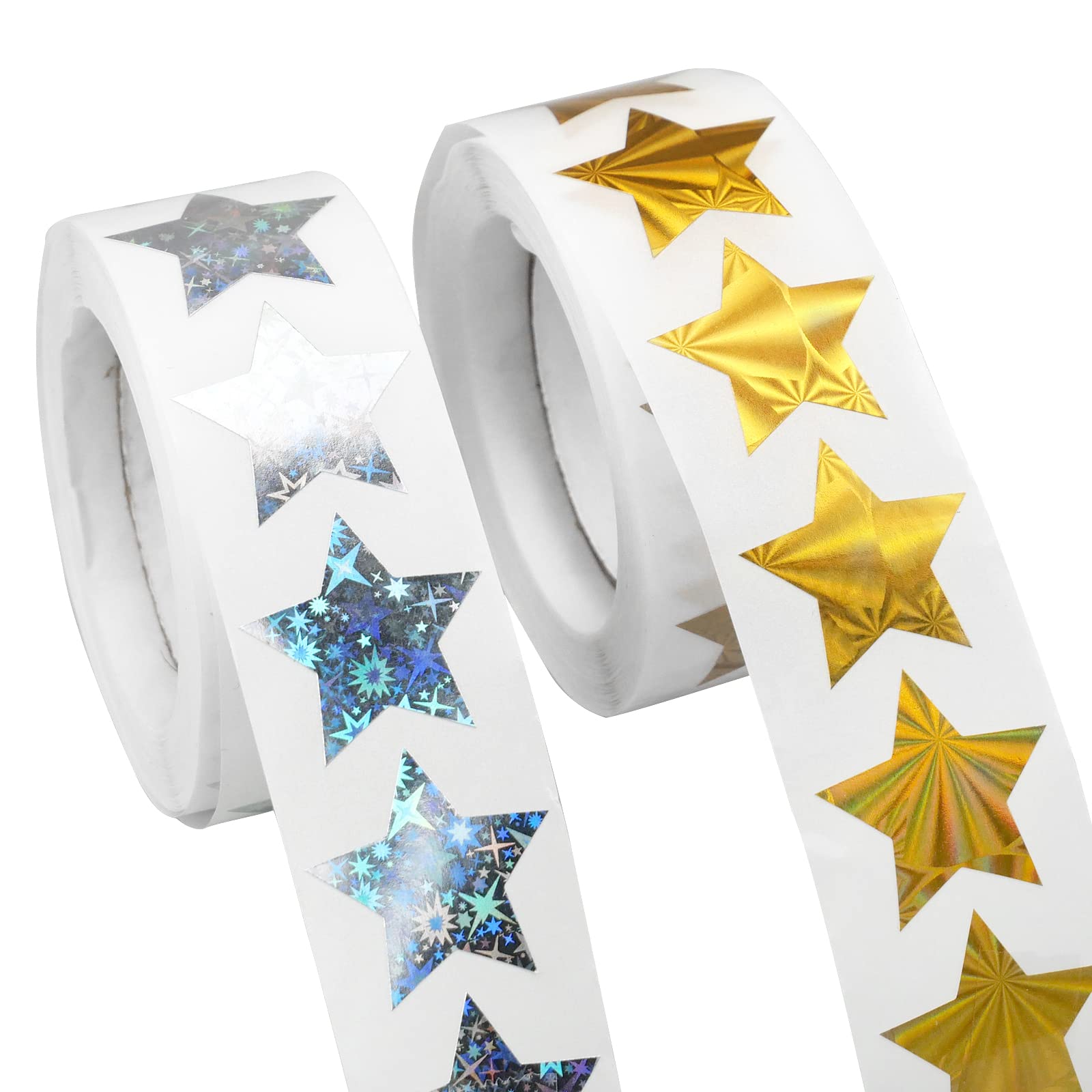 WakiHong 2 Rollo de Pegatinas de Estrella Plata Metálica para El Purpurina Metálica Decorativa de Estrella,Autoadhesivas Etiquetas Holográficas(Oro,Plata)