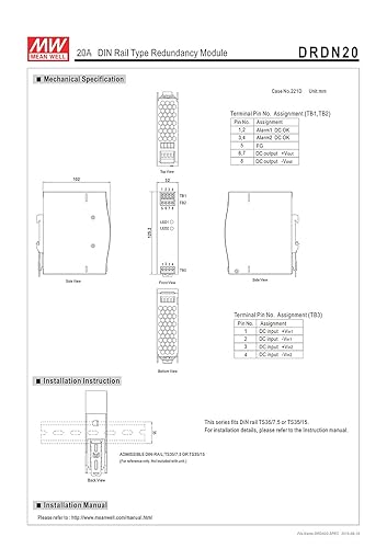 Miniatura 7 de Original MEAN WELL DRDN20-48 48V 3660Vdc 20A Rail DIN Fuente de alimentación Módulo de redundancia utilizado con fuente de alimentación de respaldo