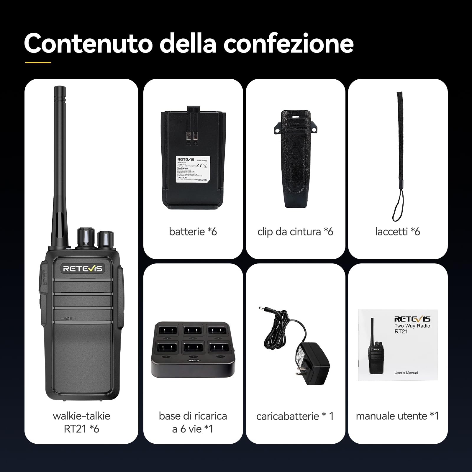 Retevis RT21 Walkie Talkie Lungo Raggio, Professionale Ricetrasmittenti con Base Ricarica a 6 Slot, Suono Chiaro, Robusto Licenza-Libero PMR446 Radio per Edilizia, Sicurezza, Negozi (Nero, 6 Pezzi)