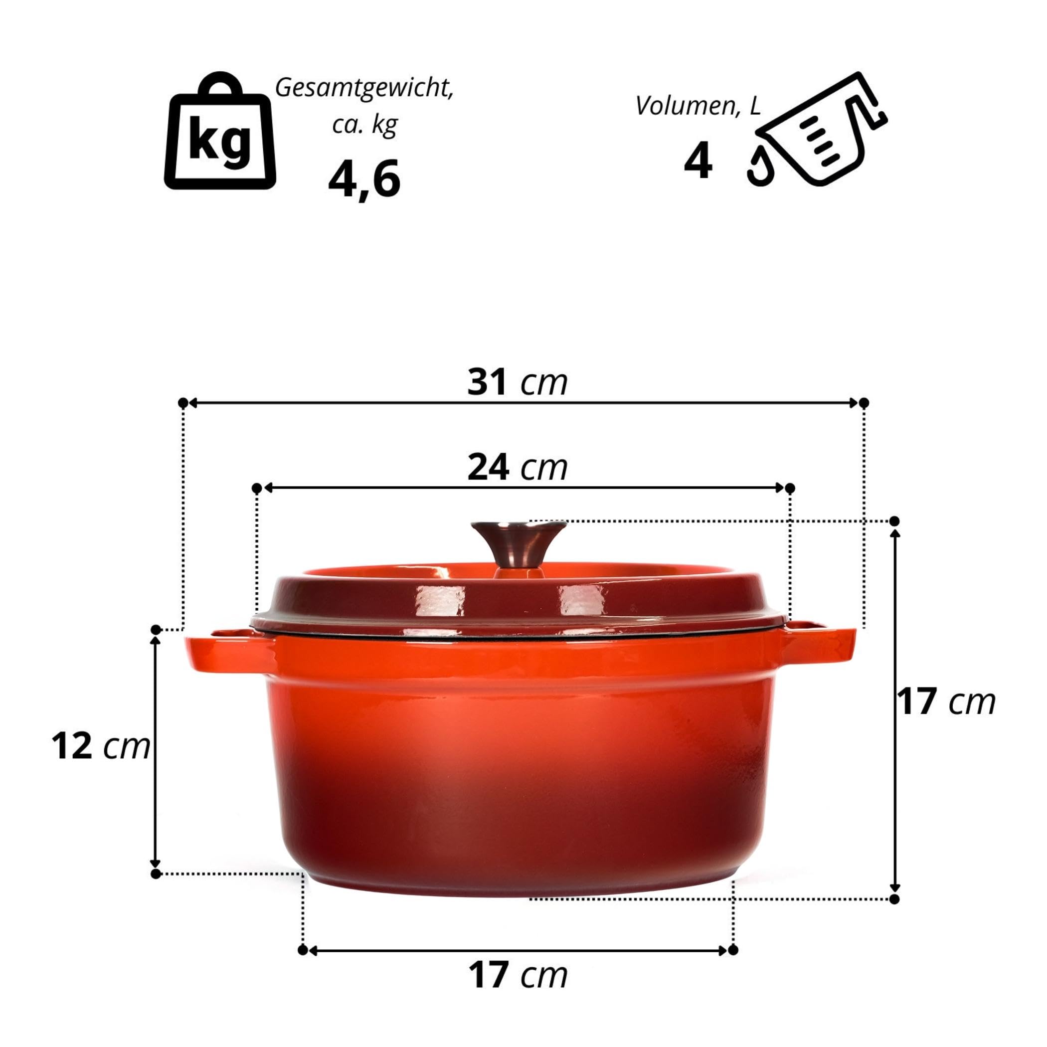 Brotbackform 4L Emaillierter Gusseisen Topf mit Deckel Ø24 cm Schmortopf Bräter Dutch Oven alle Herdarten Induktion Backofen gleichmäßige Hitzeverteilung Cast Iron Pot