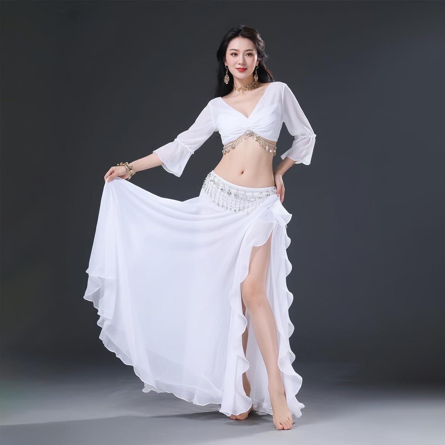 Women's Belly Dance Chiffon Dance Performance Long Skirt Side Split Sexy Skirts