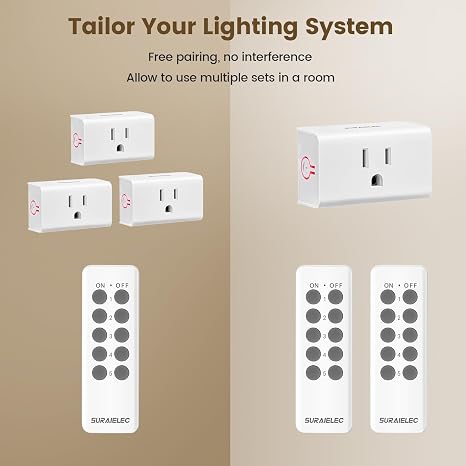 SURAIELEC Remote Control Outlet, Wireless Light Switch, 5 Plugs + 2 Remotes