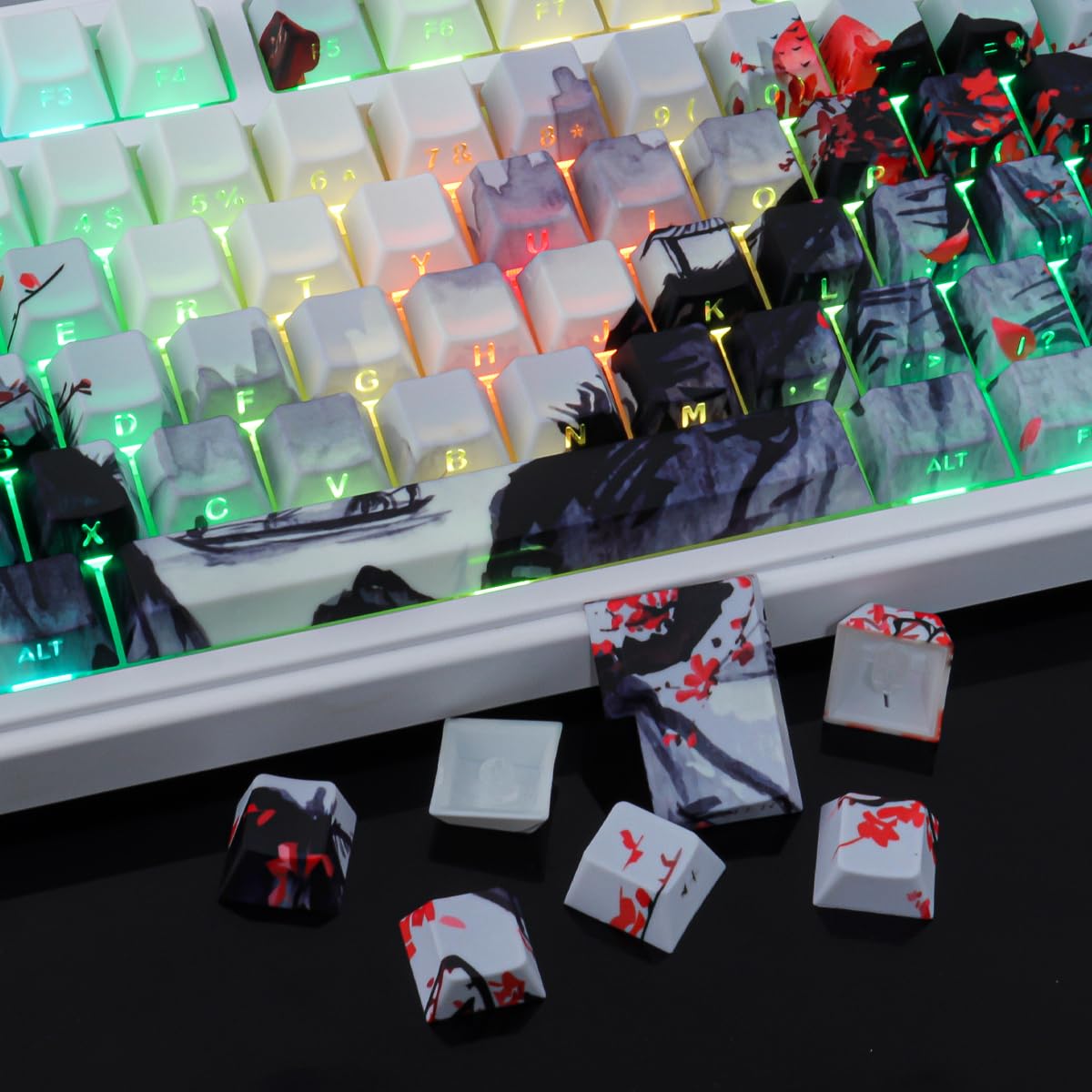 PBT Keycaps 130 klawiszy Double Shot Plum Blossom Keycaps, Shine Through Side Printed Keycaps, Cherry Profile Dye Sublimacja, Custom Keycap for Cherry MX Switch Mechanical Keyboards