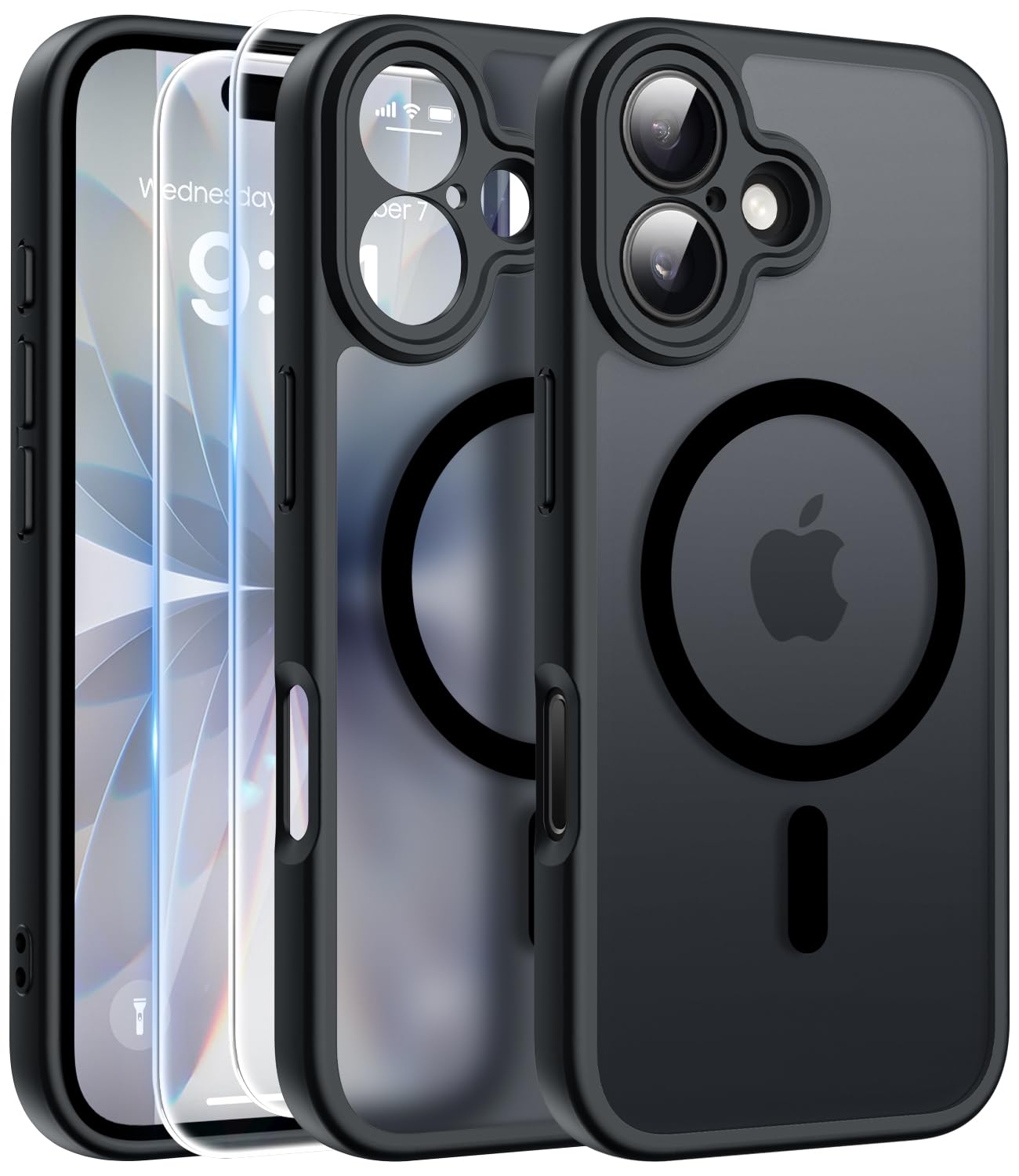 FLLAO Magnetica Cover per iPhone 17 e 2 Pellicole in Vetro Temperato, Custodia iPhone 17 Compatibile con Magsafe, Traslucida Opaca Posteriore Sottile Antiurto Protettiva Case, Nero