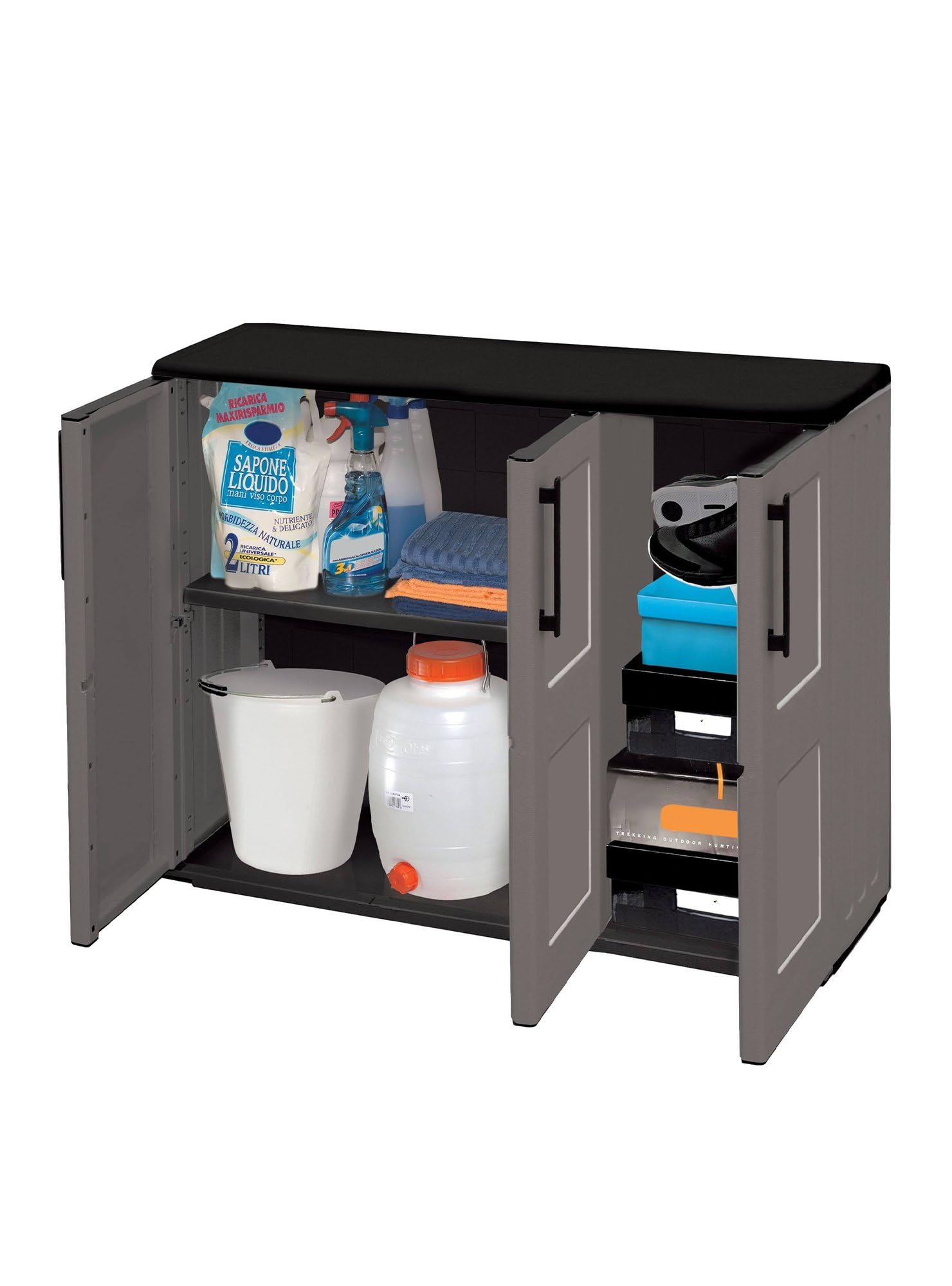 Dmora - Armoire d'extérieur Gesves, Armoire de balcon polyvalente, Armoire d'extérieur 3 portes, 100% Made in Italy, 102x37h84 cm, Gris et Noir, Finition à carreaux
