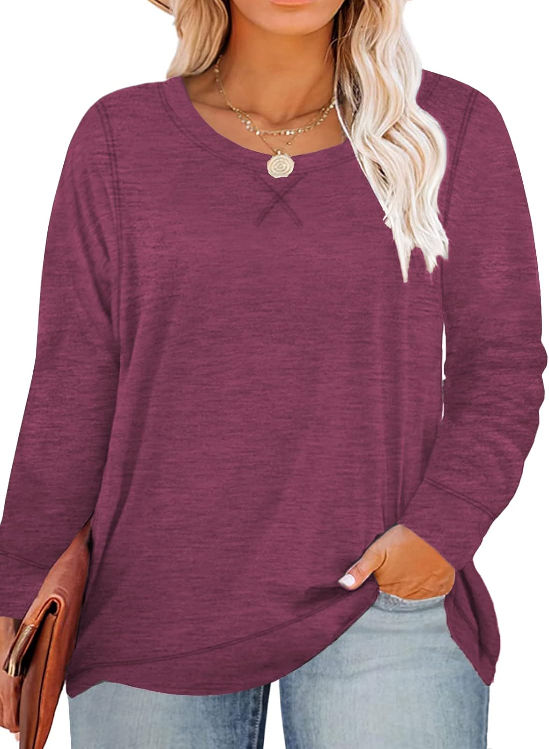 ROSRISS Plus Size Tops for Women Long Sleeve Shirts Casual Side Split Tees