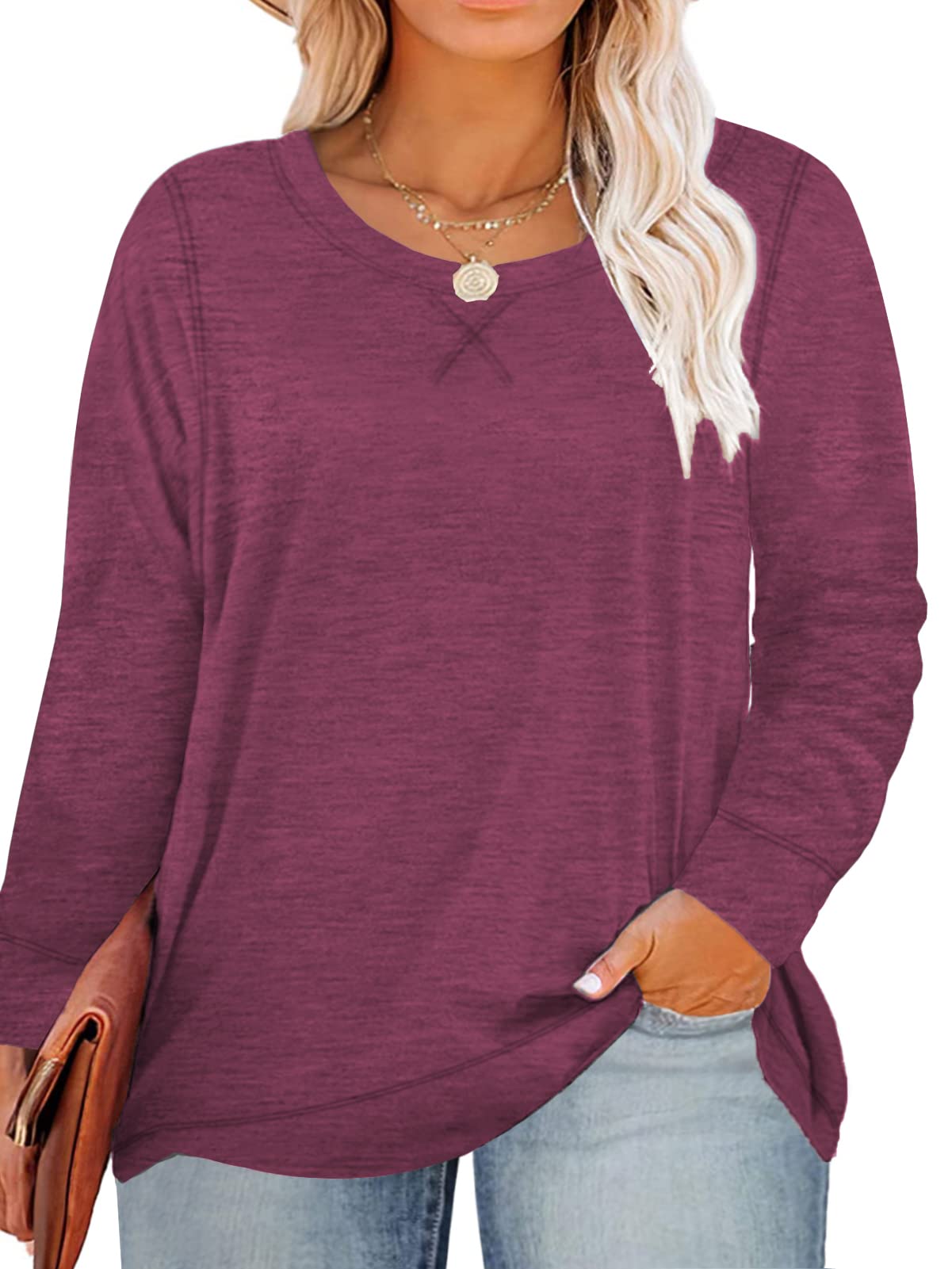 ROSRISS Plus Size Tops for Women Long Sleeve Shirts Casual Side Split Tees