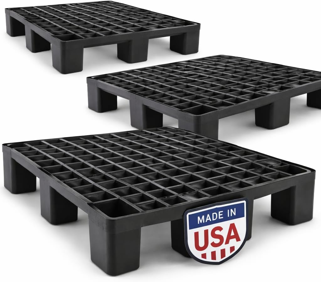 3-Pack Heavy Duty Plastic Pallets - 48x40x5 - Made in USA - 3,500 lb Capacity - Recycled HDPE High Density Polyethylene - Industrial Grade Blue/Black Pallet Set