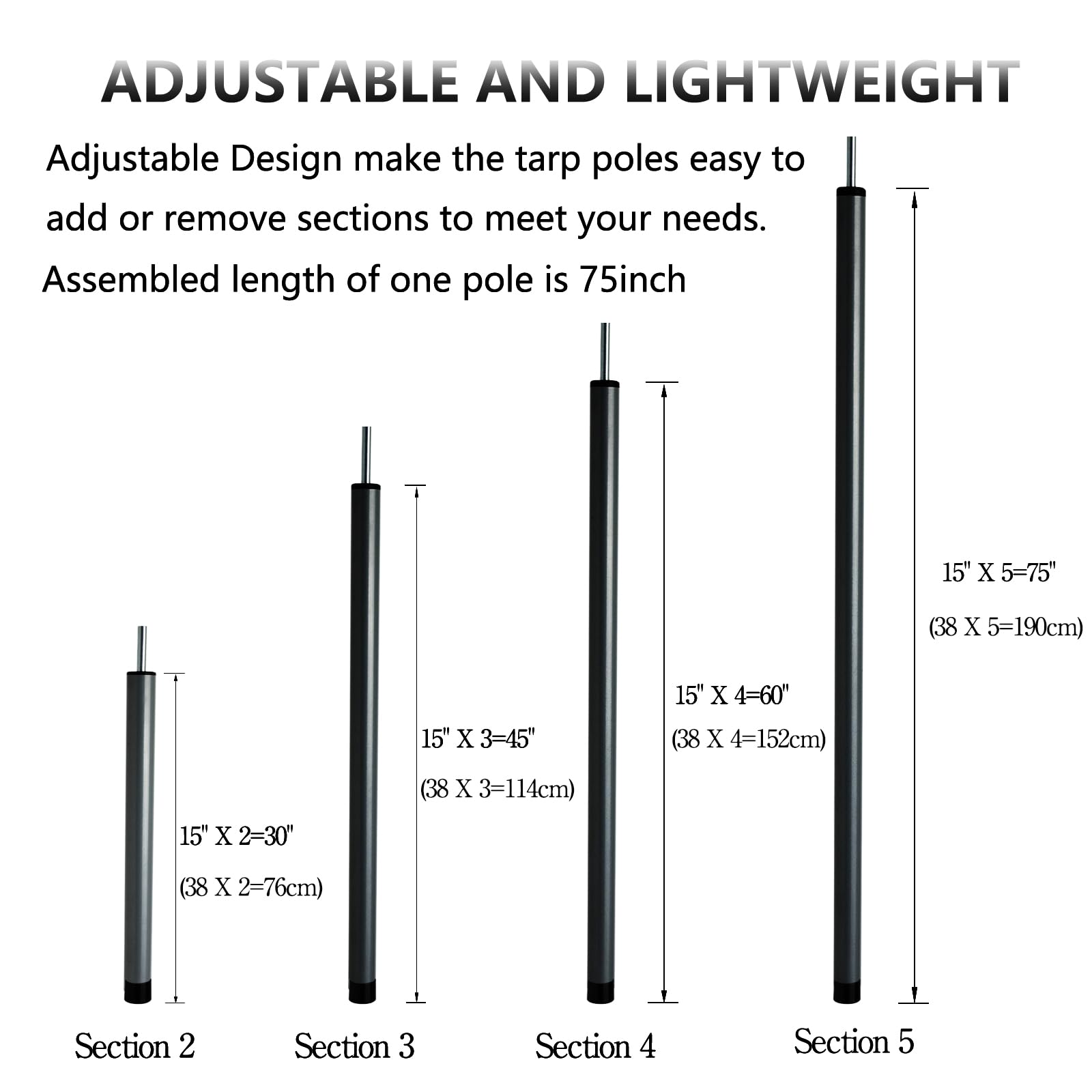 Tent Poles Adjustable Tarp Poles Steel Rods for Tarp Canopy Camping Replacement Set of 4 +Pegs & Reflective Ropes (Black/4)