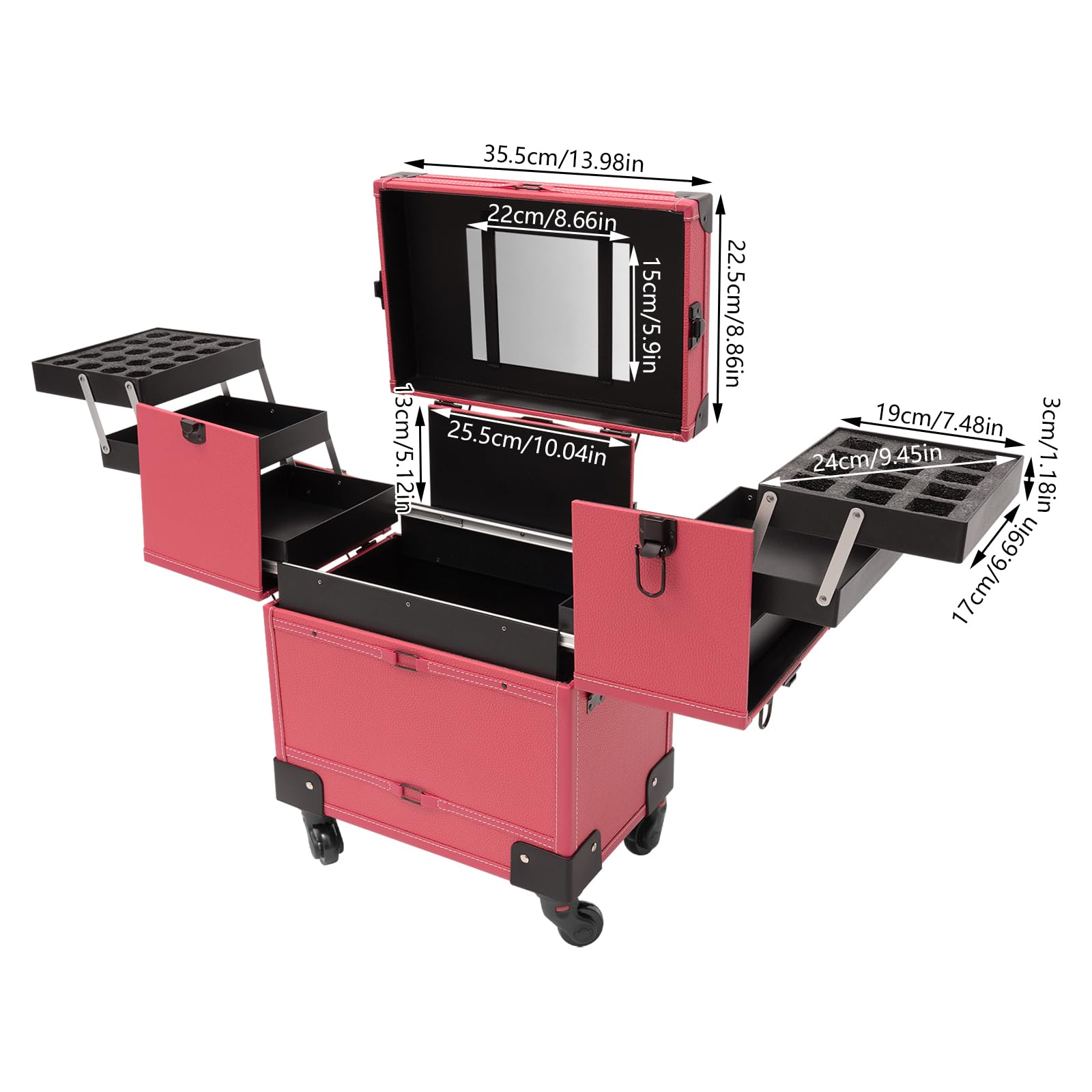 Kosmetikkoffer Trolley, Kosmetikkoffer Schminkkoffer mit 4 Rollen, Abschließbar Friseurkoffer Rollkoffer, bis zu 50kg, Friseurwerkzeug-Organizer für Haarschneiden, Make-up, Friseure (Rose)