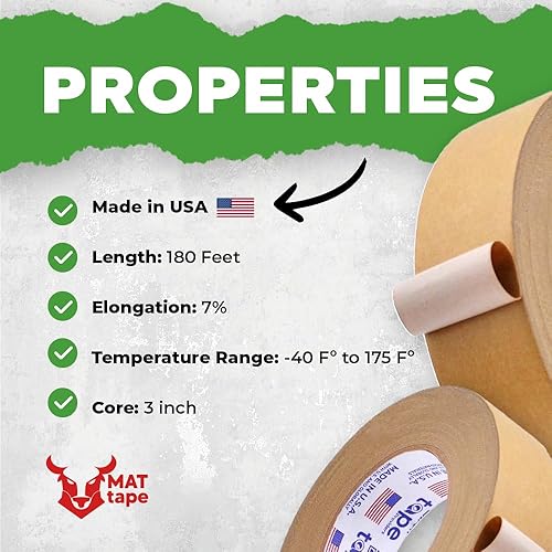 Miniatura 6 de MAT Tape Cinta de embalaje de papel kraft reforzada, cinta marrón ecológica para sellado seguro, 3 pulgadas x 180 pies, adhesivo fuerte, ideal para