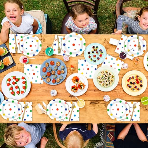 Image of 96 Pcs Colorful Birthday Plates and Napkins Colorful Polka Dots Party Supplies Rainbow Dots Tableware Table Decorations Confetti Plates Napkins Rainbow Party Favor for Baby Shower Wedding 24 Guests