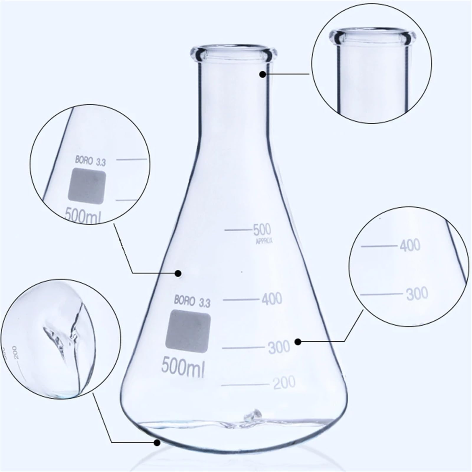 Borosilikat-Messkolben, 250 500 1000 2000 ml Borosilikatglas Glas Schütteln Erlenmeyerkolben mit 3 Schikanen Laborglaswaren Experiment(2000ml Baffle)