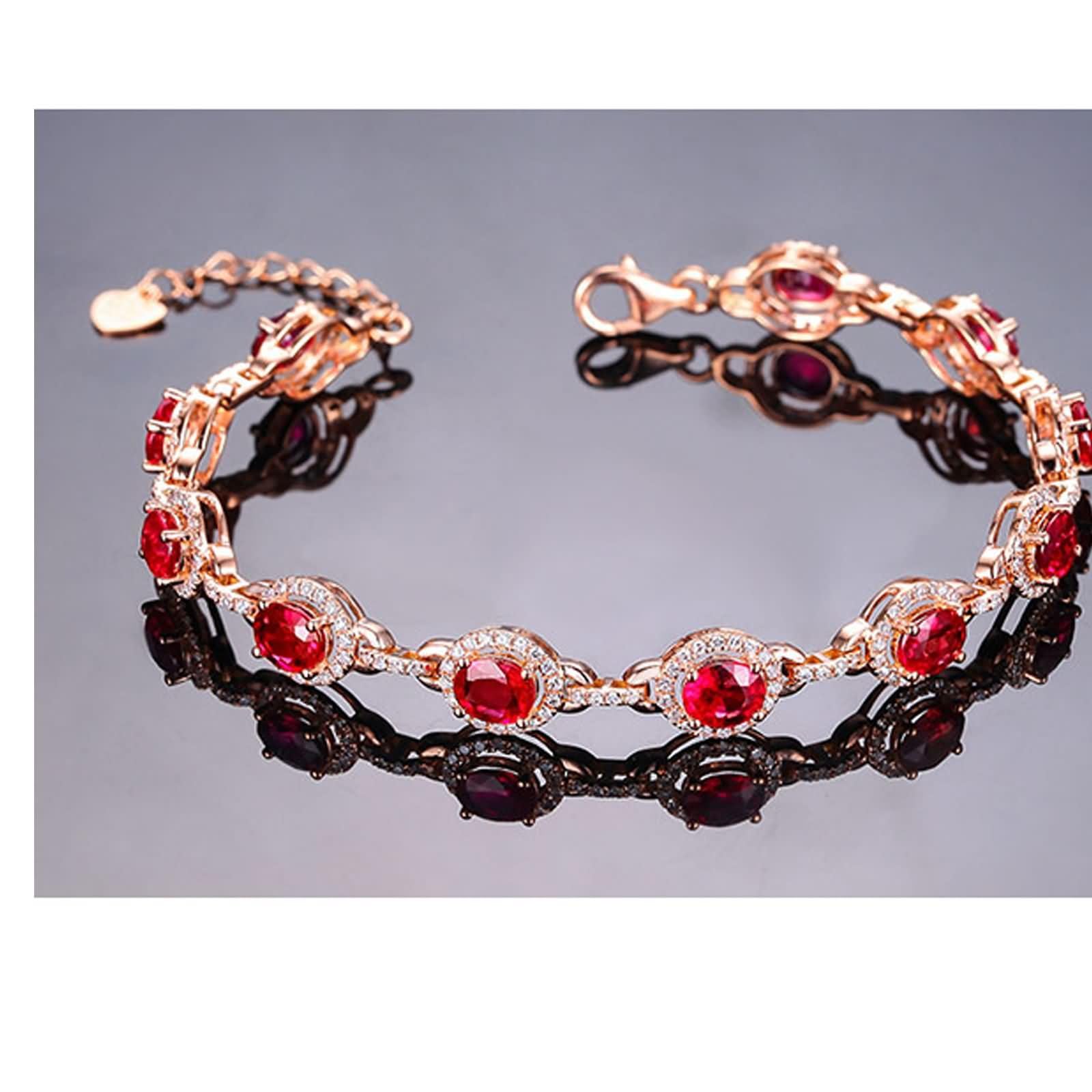 Pulseras Oro Rosa 9K / 14K / 18K Mujer, Oval con Rubí de 2,75 ct y Diamante, Cadena Extensible 16 CM + 5 CM, Pulseras Oro Rosa Ajustable Mujer