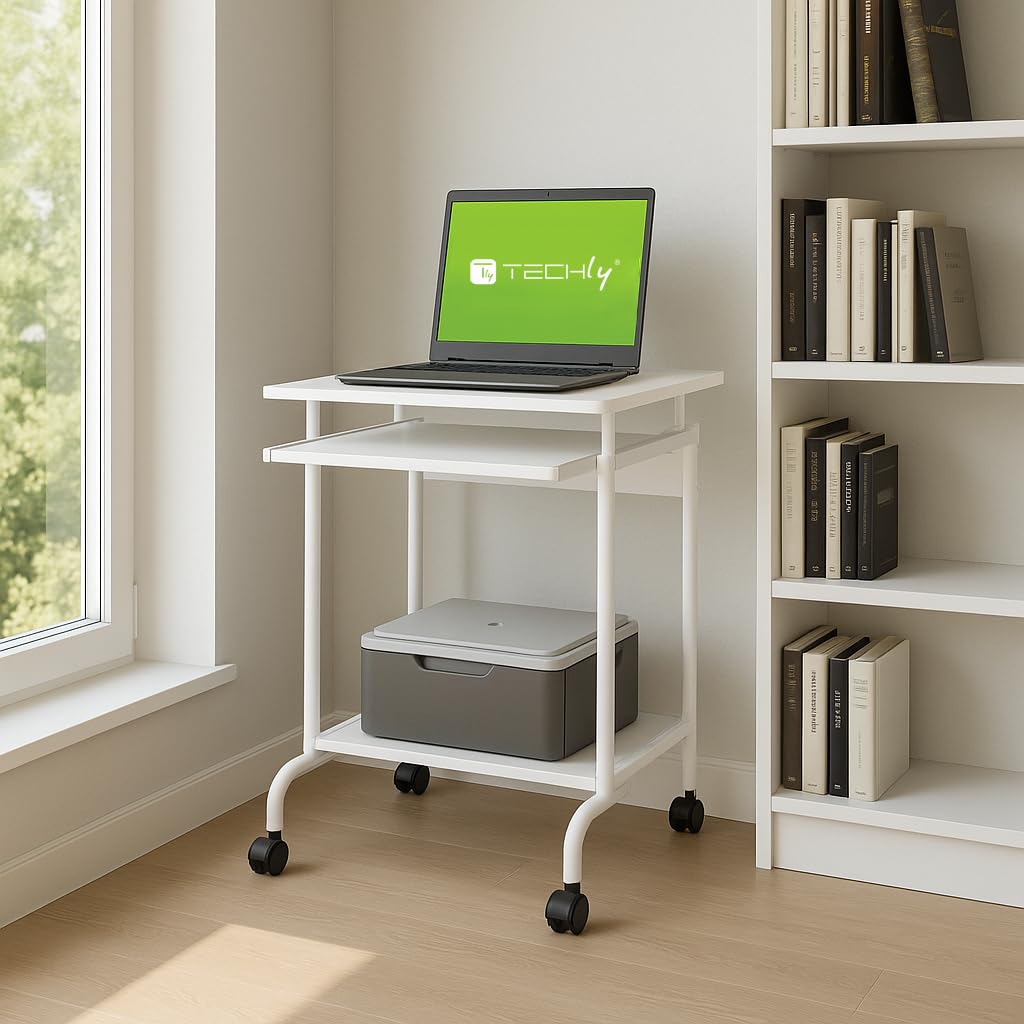 Techly 105926 Scrivania Mobile Compact per Computer Ripiano Tastiera Scorrevole Bianco Bianco
