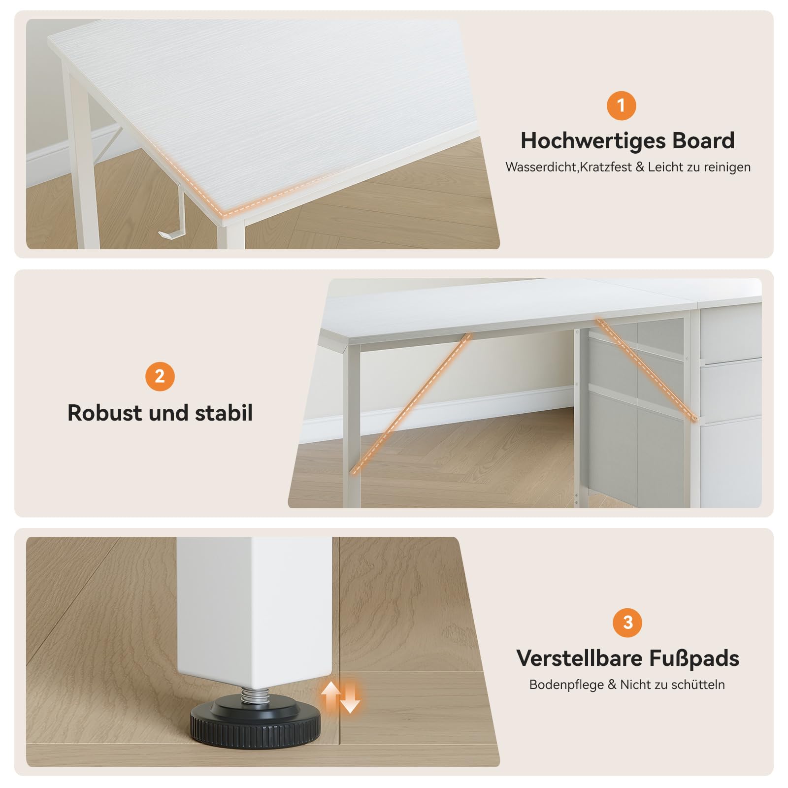 Coleshome Schreibtisch mit 3 Stoff Schubladen, 120x48cm Computertisch mit Kopfhörer Halter, Reversibler PC Schreibtisch Bürotisch für kleines Heimbüro, Weiß