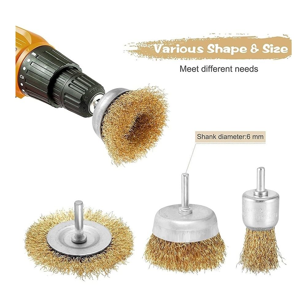Szczotka druciana T-Shaped Brass Wire Brushes, for Drills Set,6pcs Bowl Flat Steel Electric Grinding Mill Polish Derusting Rotary Tool Power