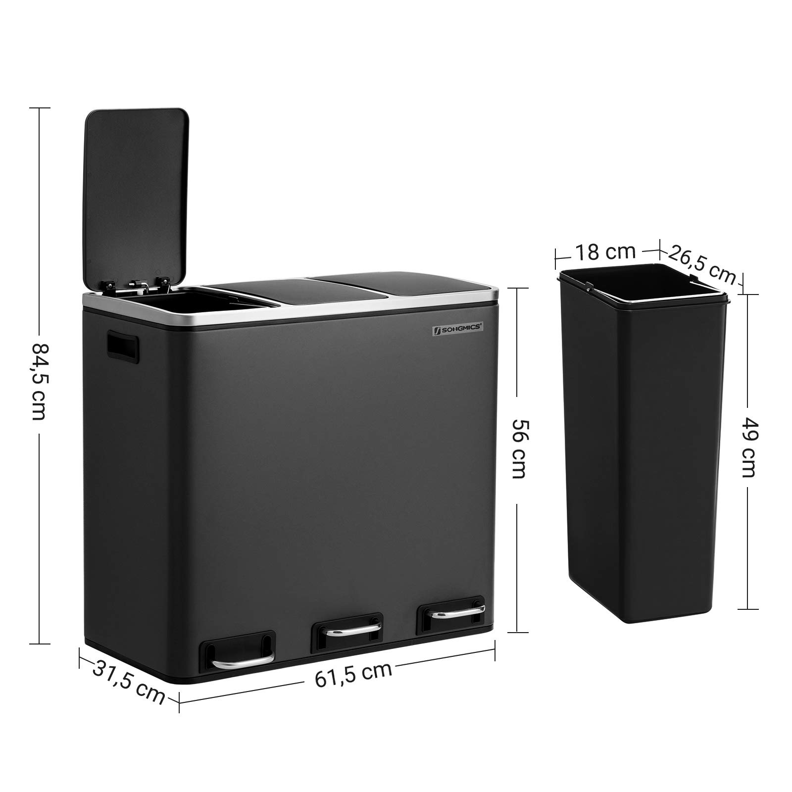 Buy SONGMICS Recycling Bin, Triple Trash Can, 3 x 18L, Pedal Bin with 3