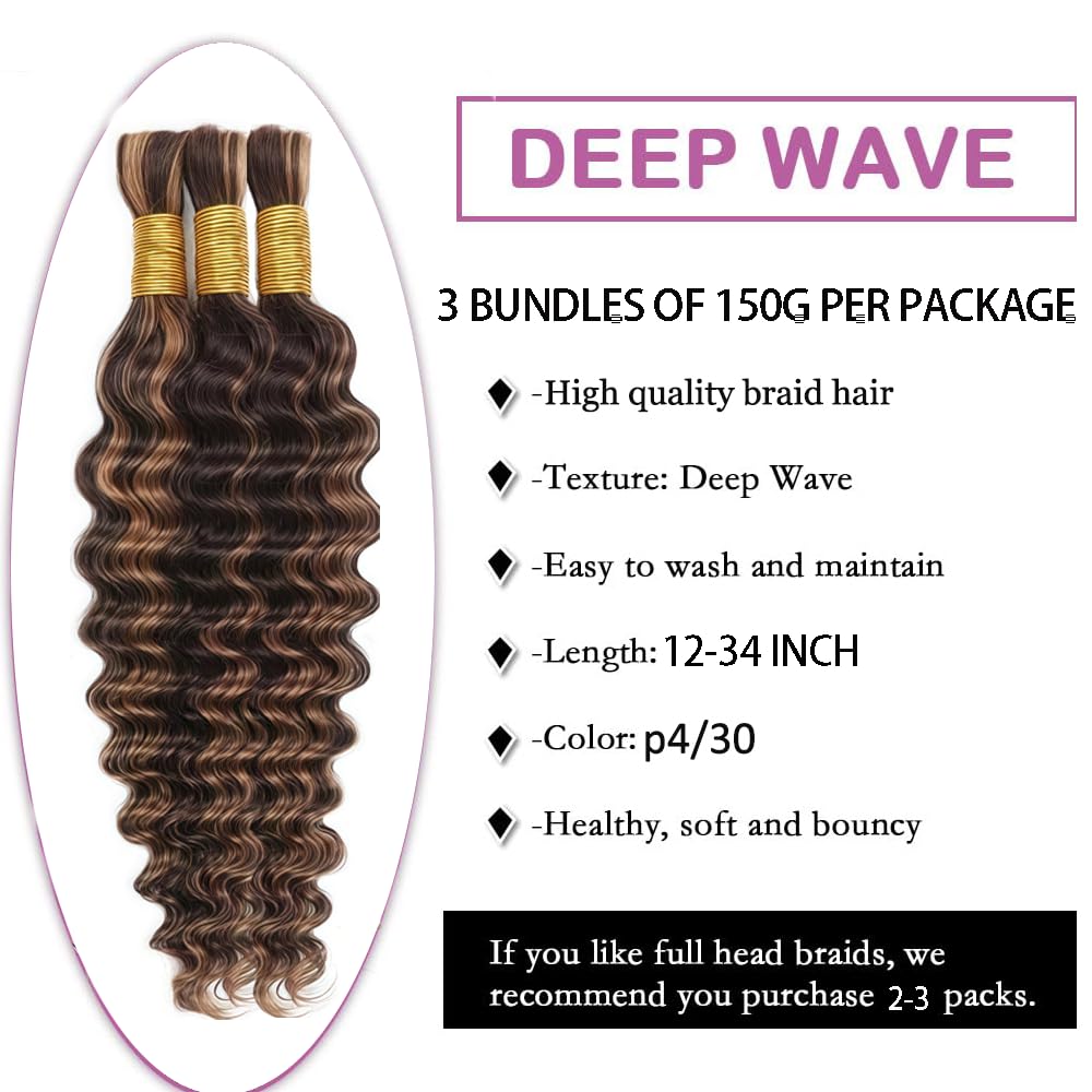 32 32 32 Inch Deep Wave Bulk Hair For Braiding P4/30 Highlight Brown menschliches Haar 3 Bundles/Pack No Weft Premium Braiding Hair Extensions for Boho Braids With Minimal Tangle