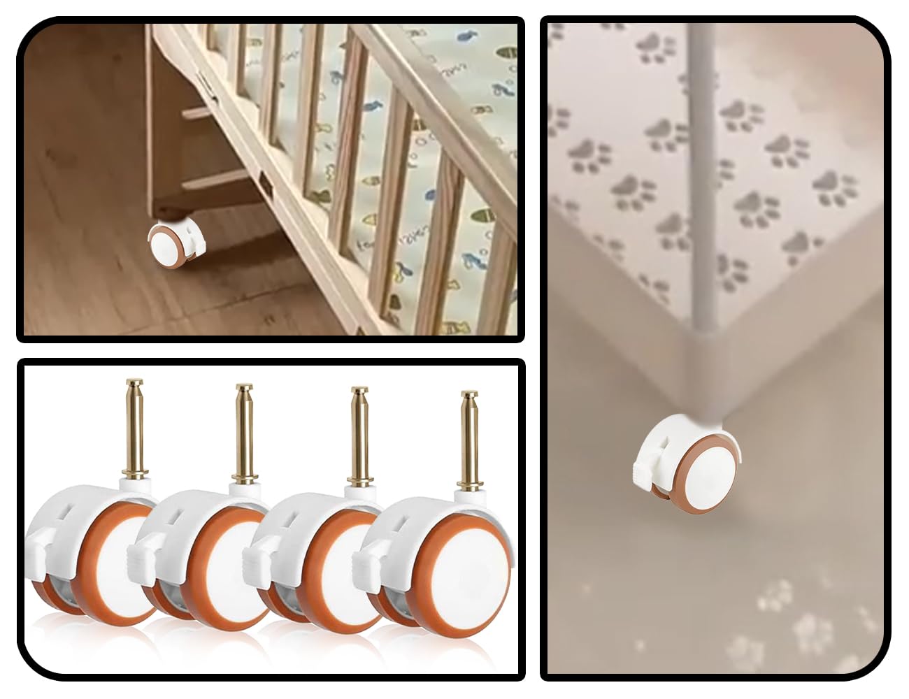 ZoeTekway Jeu de 4 roulettes pivotantes pour meubles d'enfants avec manchon de 10,5 mm, roulettes silencieuses en caoutchouc avec frein, pour petits lits bébé, berceaux(blanc)
