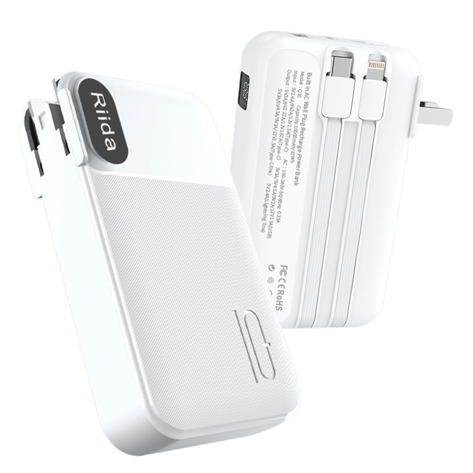 Portable Charger Built in Cables AC Wall Plug In Portable Charger Power Bank 10000mAh Travel Battery Pack 22
