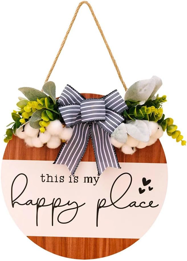 JZS Bowknot Welcome Sign,Welcome Sign for Door 30cm Sign with Plaid Bowknot Decoration Wreath Welcome-ish Home Office Yard Farmhouse Wood Plaque,"this is my happy place" Welcome Sign