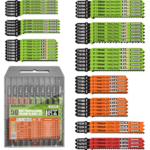 EZUVITA Lot de 50 Lames de Scie Sauteuse avec Étui de Rangement en Acier CR-V et HSS, Assortiment de Lames de Scie Sauteuse avec Tige en T pour Couper le...