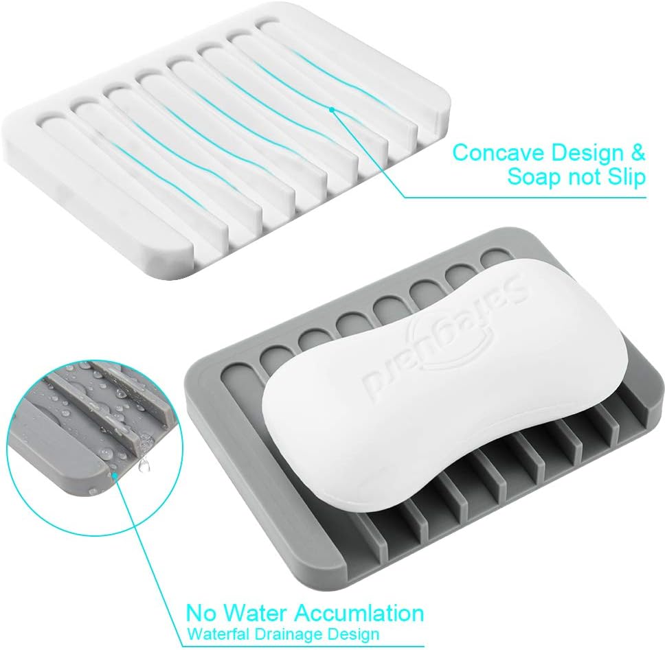 2PCS Soap Dish Holder, Premium Silicone Soap Dishes for Shower Bathroom Kitchen Sinks， Soap Tray Saver Drainer, Self-draining Waterfall, Non-Slip Design, Easy Cleaning (White)