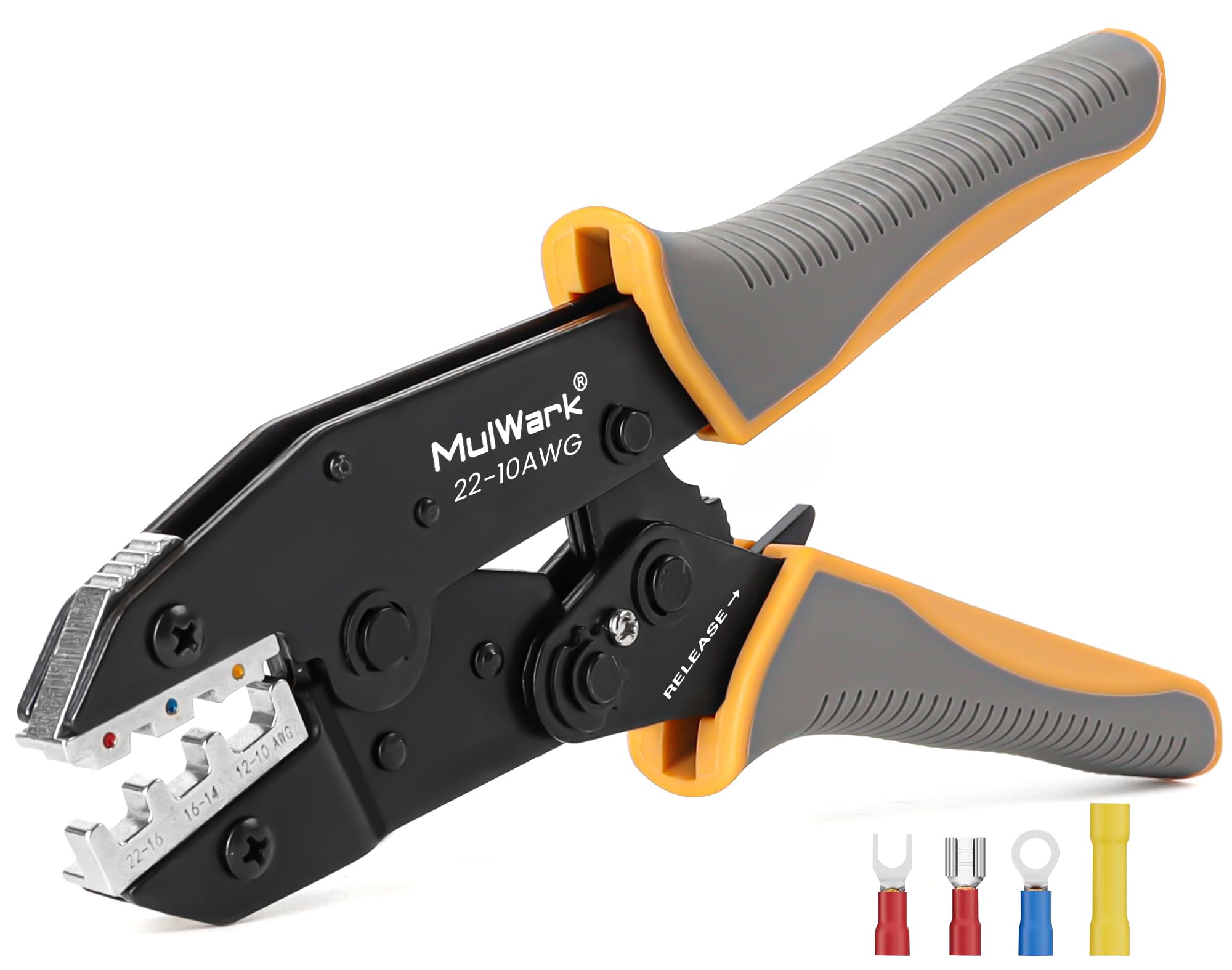 Mulwark Pince à sertir professionnelle à cliquet pour connecteurs thermorétractables, bornes électriques, câblage automobile, outil de sertissage pour bricolage