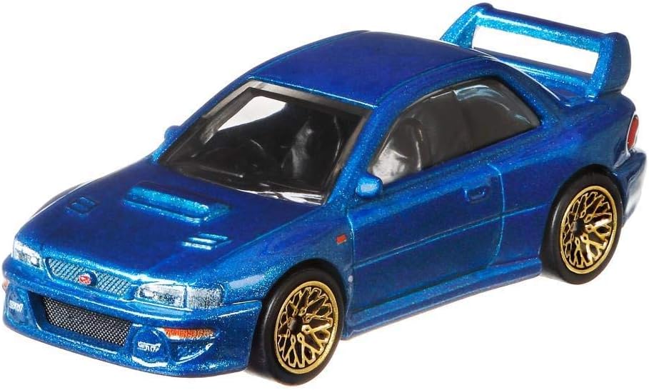Angled front-side view of the Hot Wheels Subaru WRX STI 22B model car, showing its detailed front grille and headlights.