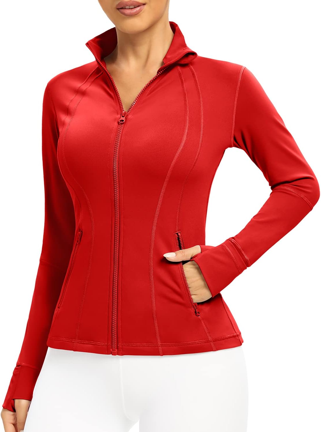 QUEENIEKE Women's Slim Fit Running Jackets - Long Sleeves Athletic Workout Gym Tops with Back Mesh Vent & Thumb Holes