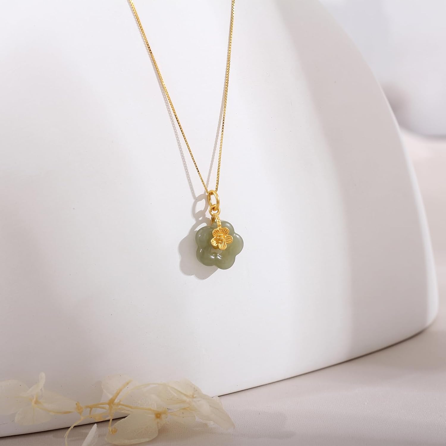 Natural Hetian Jade Necklace for Women, Dainty Jade Flower Charm Pendant Adjustable Choker Necklace Jewelry Chain Gift for Mom Lover Her (925 Sterling Silver with Gold Plated) - Image 7