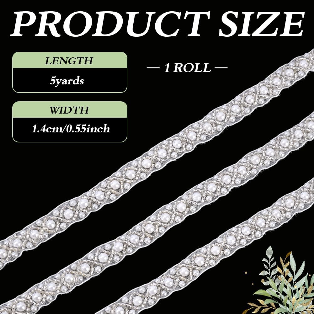 5 Yards Pearl Beaded Trim Pearl Ribbon Bead Lace Border White Edge Ribbon Strips White Sheer Ribbons with Pearls Durable Polyester Sewing Trim for Sewing Bridal Party Clothes Decoration