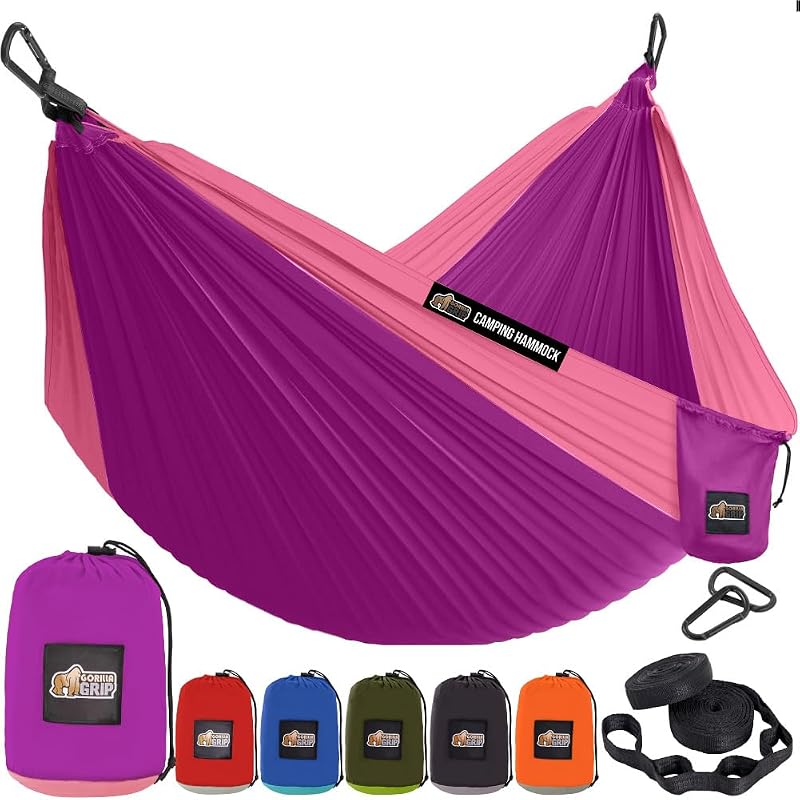 Hamaca de viaje para acampar GORILLA GRIP, correas duraderas para árboles, individual, morado | Hamacas portátiles de 1,76 lb, esenciales para campistas, excursionistas, mochileros, fáciles de instalar y ajustar, capacidad de 400 lb