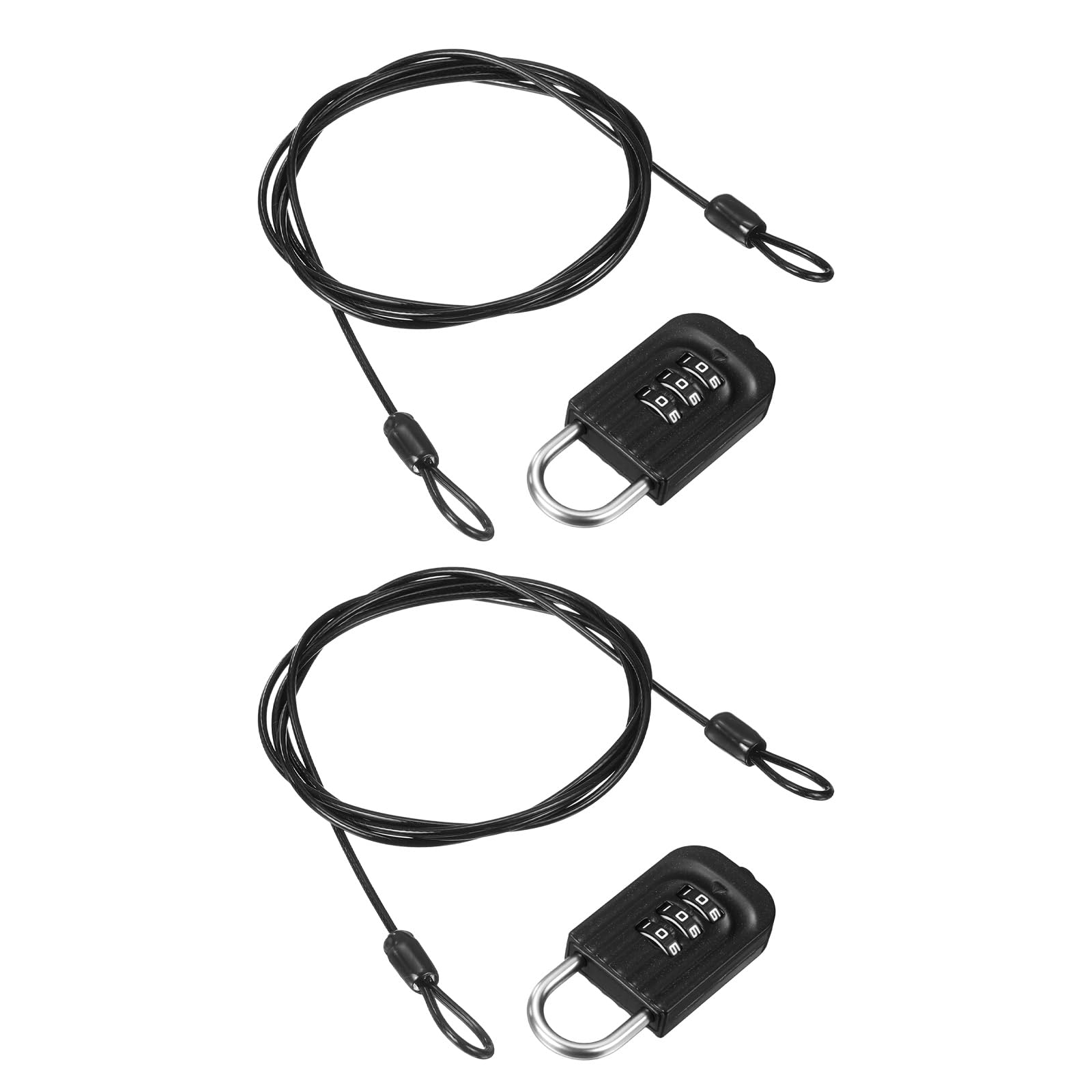 PATIKIL Security Cable with 3Digit Combination Lock, (2 Meter x 2.5mm, Black)(2Pcs), Braided Stainless Steel Safety Cable Wire Rope with Double Loop, Suit for Suitcase/Bicycle/Cabinets