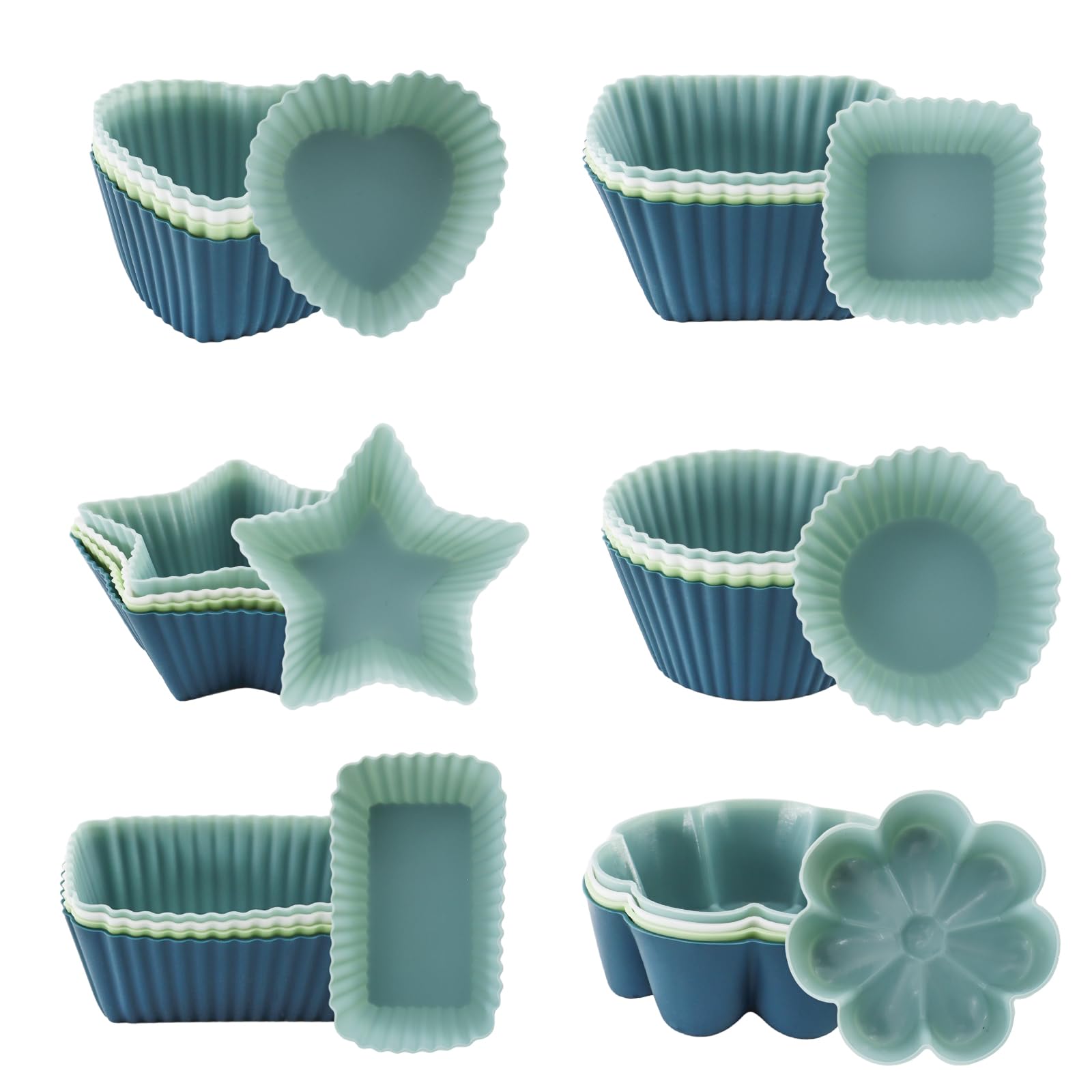 TOKSEO 24 moules à muffins en silicone, 6 types de moules réutilisables en silicone, moules à muffins avec revêtement anti-adhésif (4 couleurs