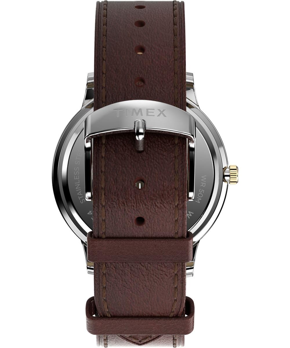 Timex Waterbury Classic Moon Phase Tw2W75600 Zegarek Męski, 40 mm, Brązowy Pasek ze Skóry Wegańskiej, Niebieska Tarcza i Koperta ze Stali Nierdzewnej