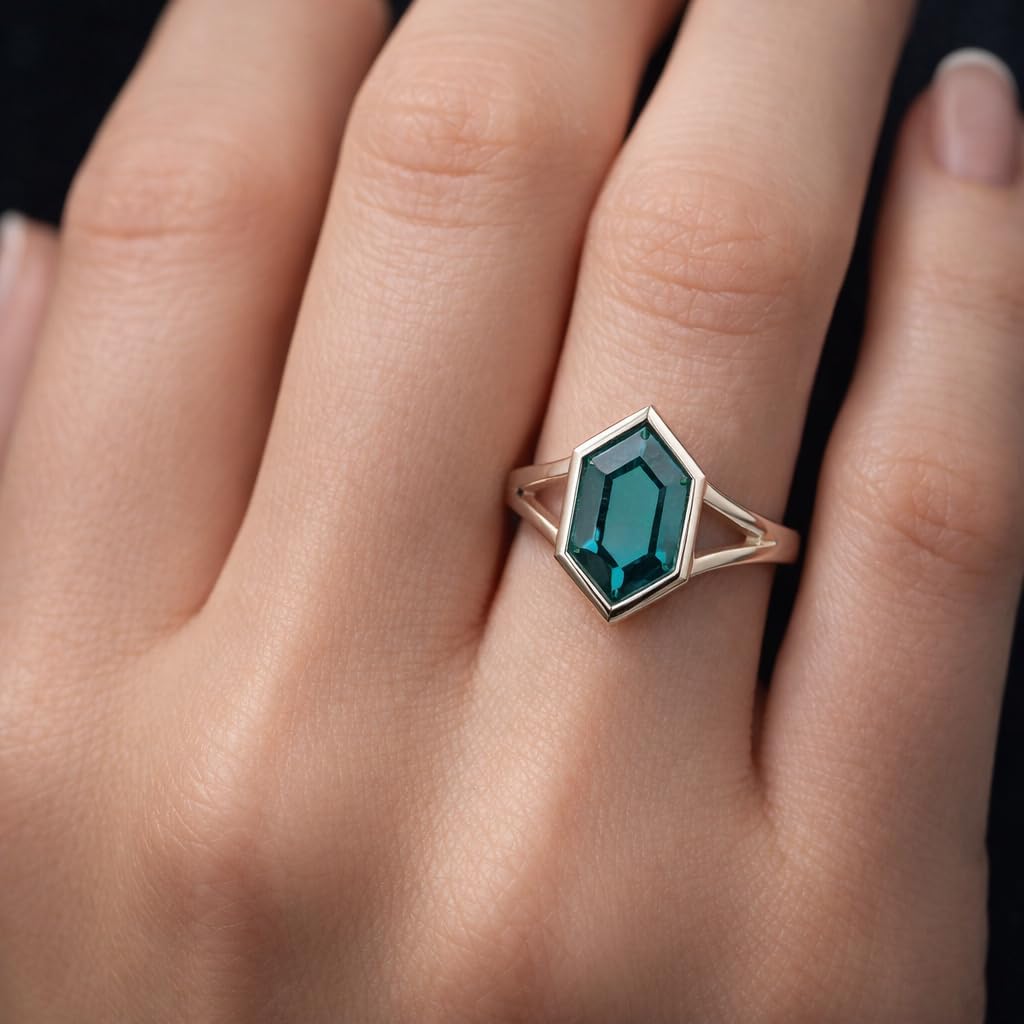Hexagon Teal Sapphire Ring in 14k White Gold Geometric Bezel Set Engagement jewelry Modern Minimalist Teal Sapphire Statement Ring Gift For Her