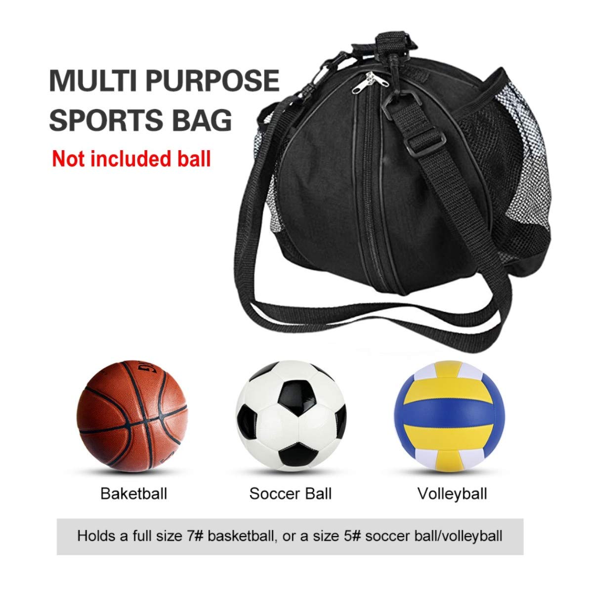 JZK Bolsa Bandolera Baloncesto Voleibol Fútbol Bolsillos Laterales Red Botella Agua Negra