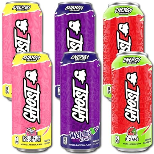Ghost Energy Drink Variety Pack, Zero Sugar – 16 fl oz Cans (Pack of 6) – Cherry Limeade, Grape, Sour Lemonade – 200mg Caffeine, Vegan, Gluten-Free
