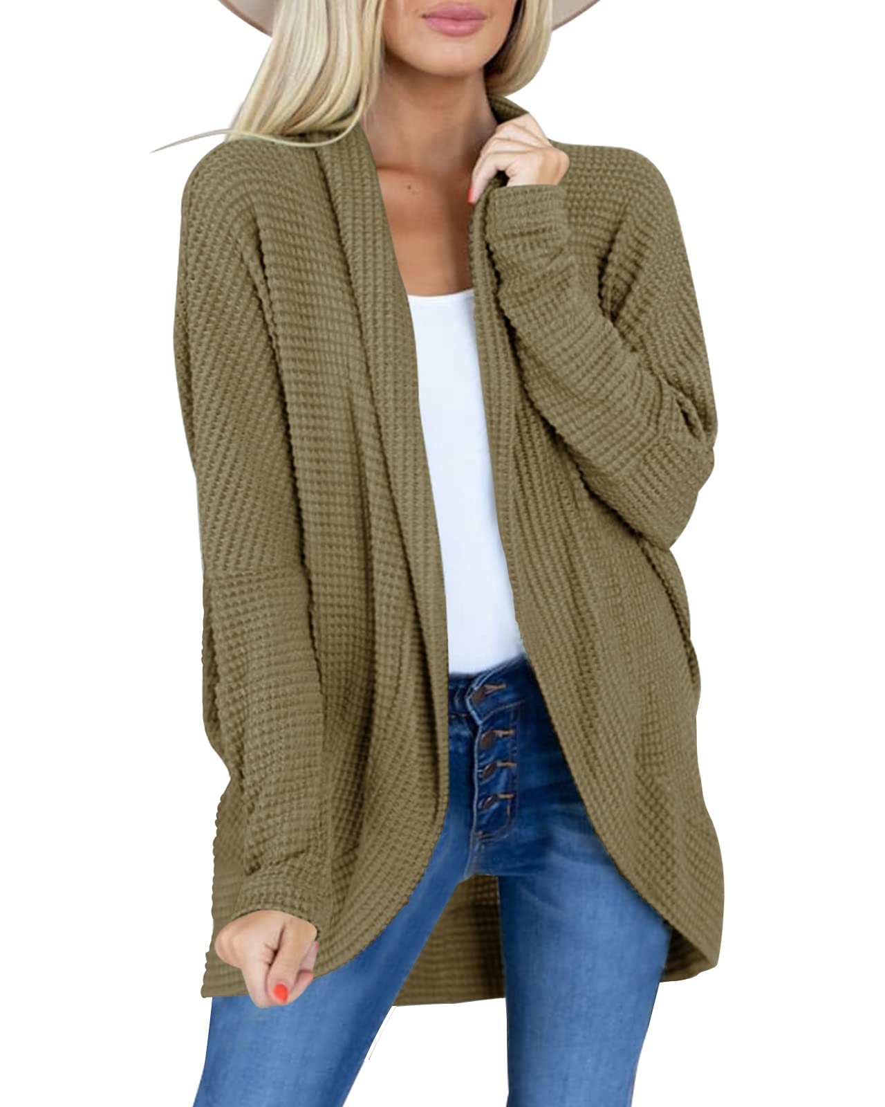 Misassy Womens Open Front Long Sleeves Batwing Lightweight Waffle Knit Sweater Cardigan Boho Loose Coat