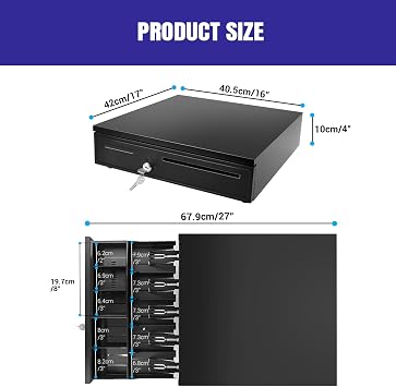 Electronic Cash Drawer with RJ11 Interface 12V Key Lock 16 inch 5 Bills 5 Coins - 3 Coin Tray Removable, for POS Printer Receipt Cash Register (40.5 x 42 x 10cm)